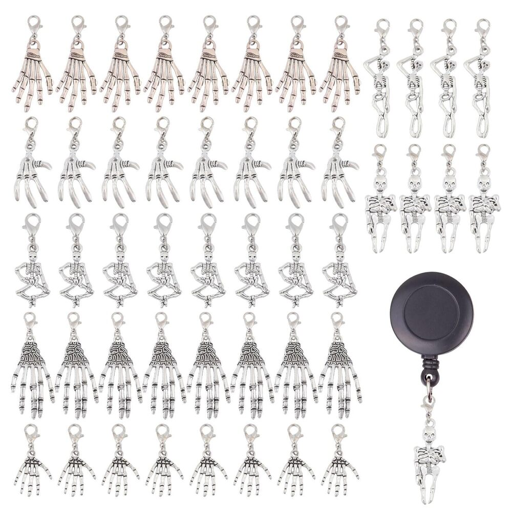 4561 56 Pcs 7 Style Skeleton Badge Reel Charms Alloy Skeleton Pendant